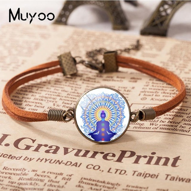 2018 New 7 Chakra Reiki Healing Bracelets Buddha Yoga Meditation Leather Bracelet Glass Cabchon Jewelry